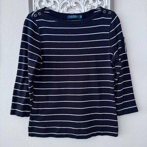 Lauren Ralph Lauren Black and White Striped 3/4 Sleeve Cotton Boatneck Top Large
